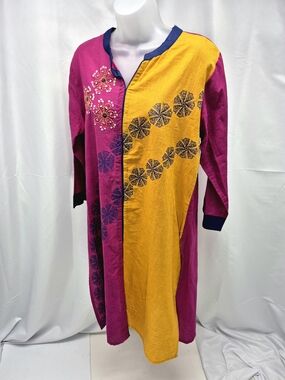 Ethnic Color Block Embroidered Kurti Dress Magenta Yellow Size XXL. Lightweight